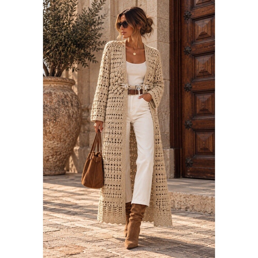 Boston Proper Long Crochet Duster Cardigan Ivory Cream Crystal Closure S